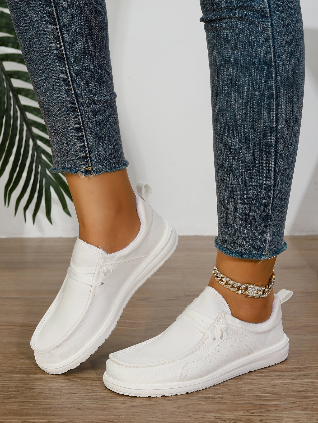 Women's White Slip-On Elastic Low-Top Sneakers