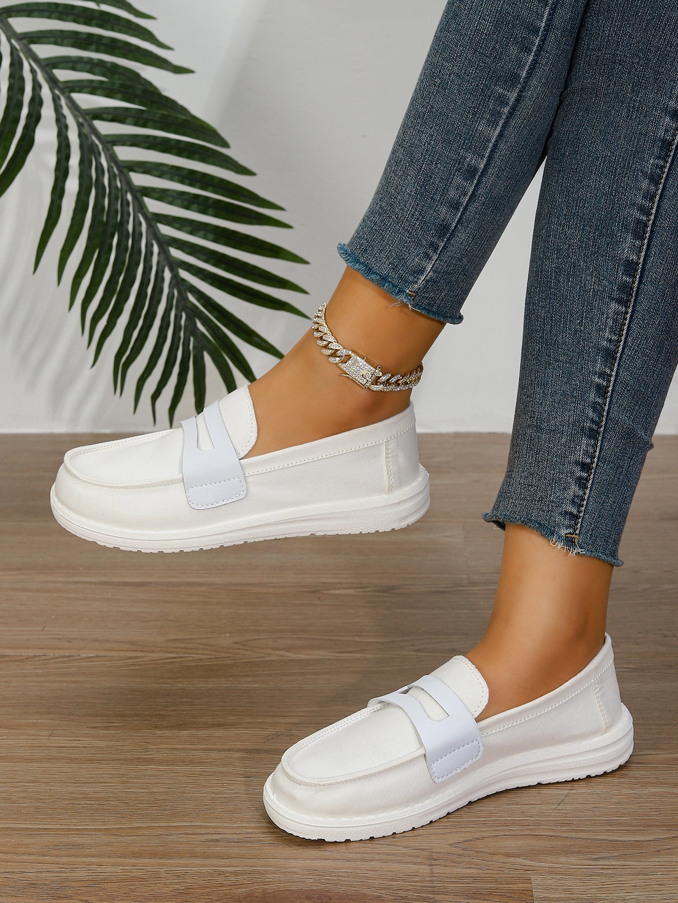 Women's White Canvas Penny Loafer Flats