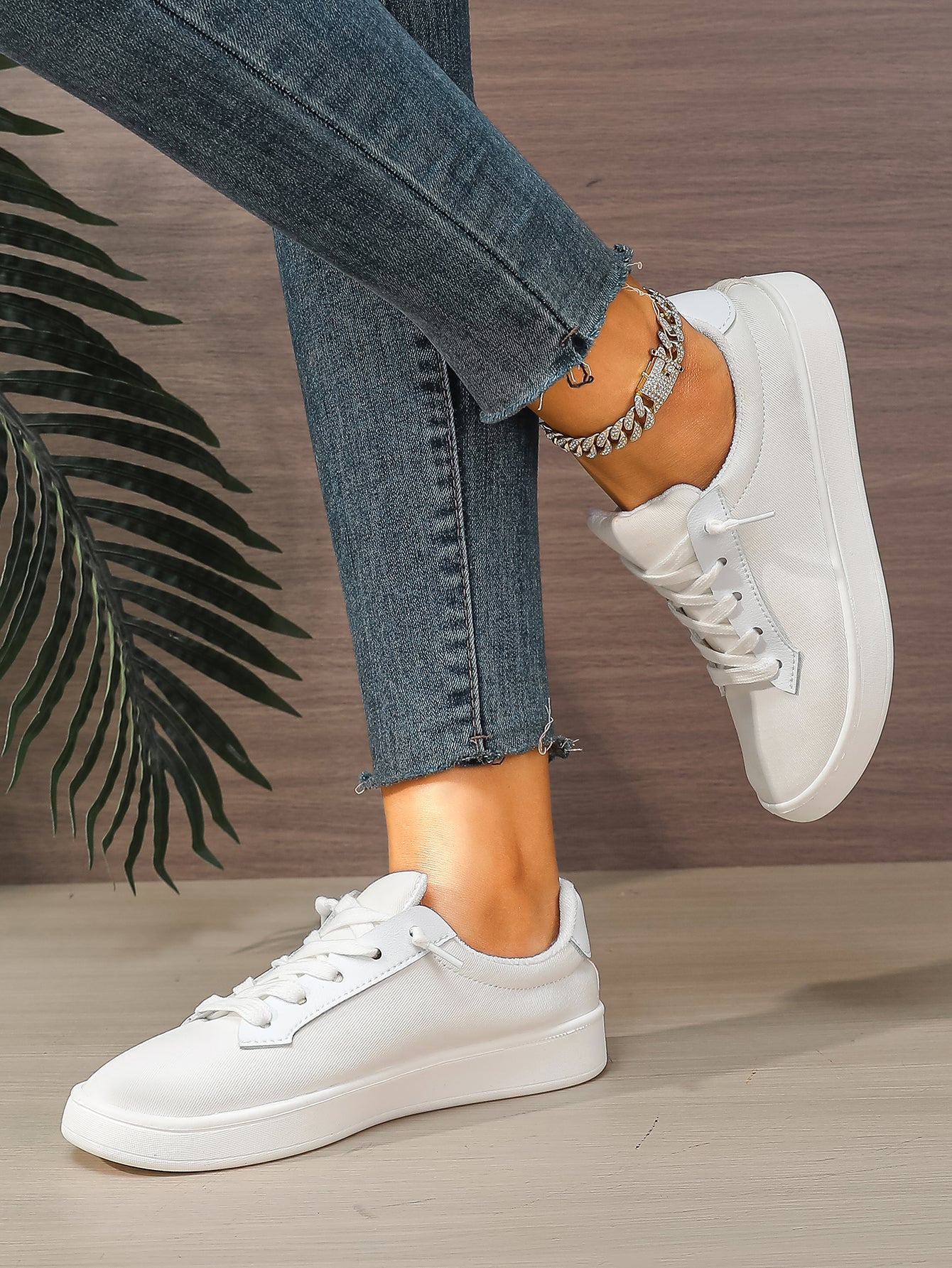 Women's White Lace-Up Platform Canvas Sneakers