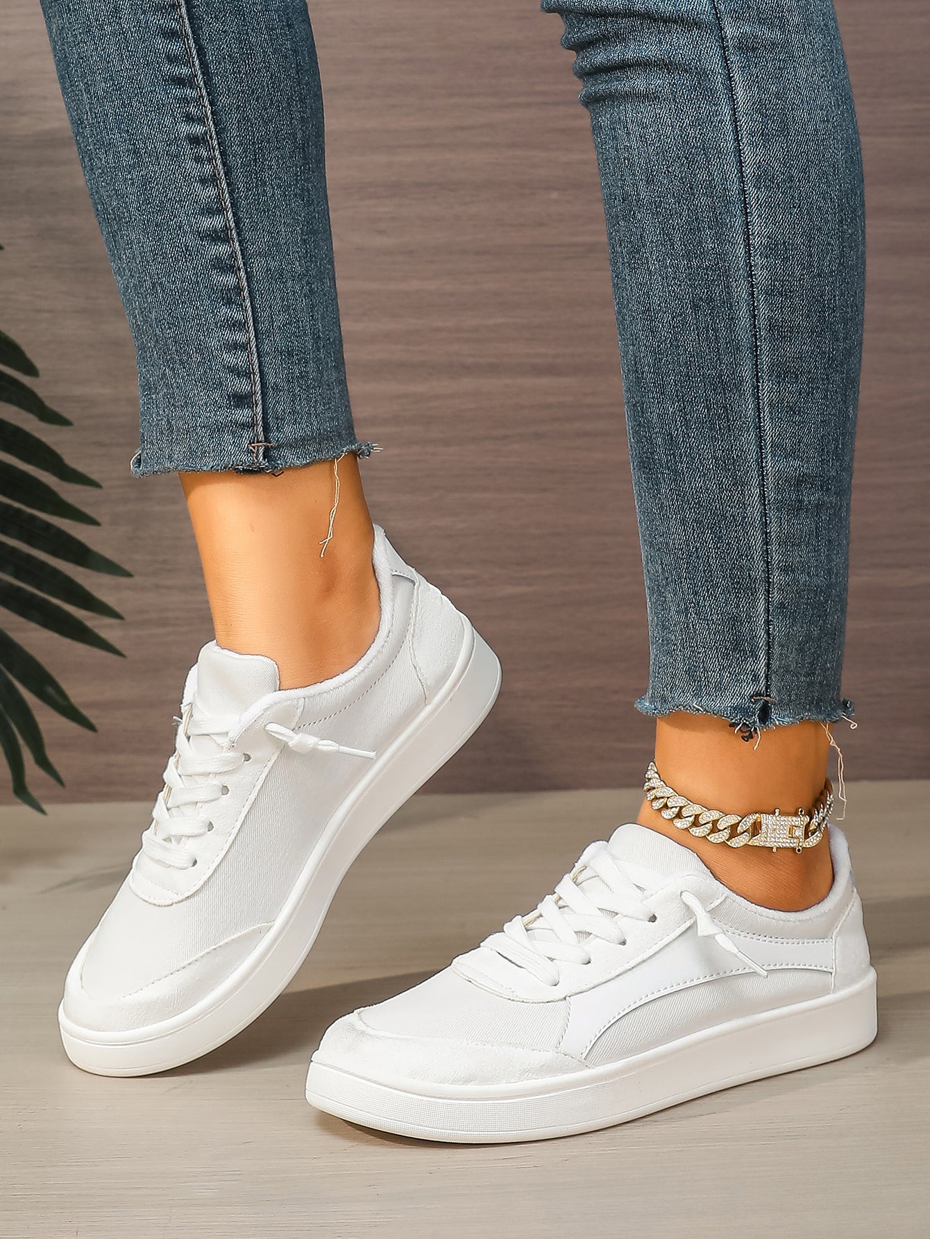 Women's White Lace-Up Casual Sneakers