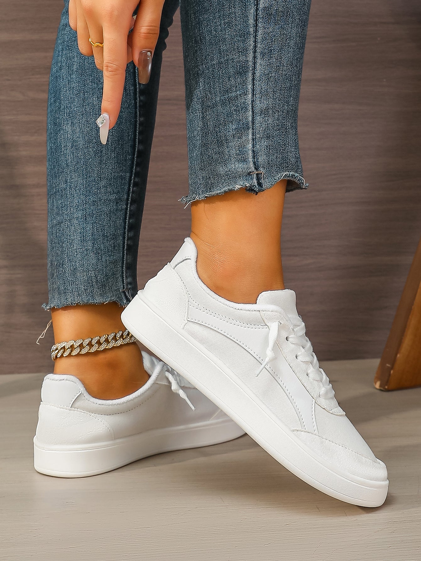 Women's White Lace-Up Casual Sneakers