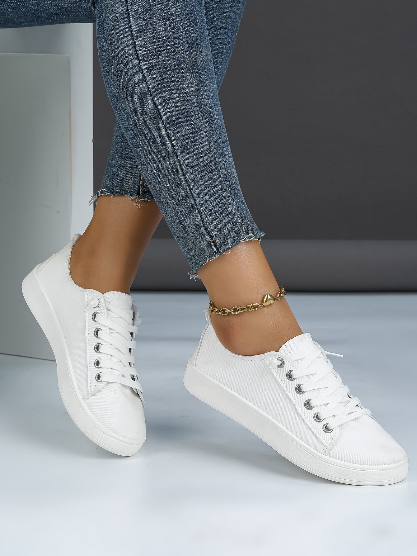 Women's White Canvas Lace-Up Casual Sneakers