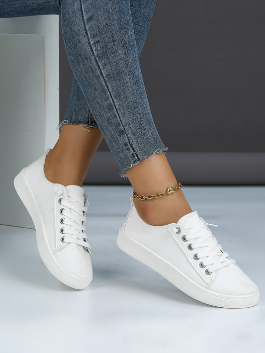 Women's White Canvas Lace-Up Casual Sneakers