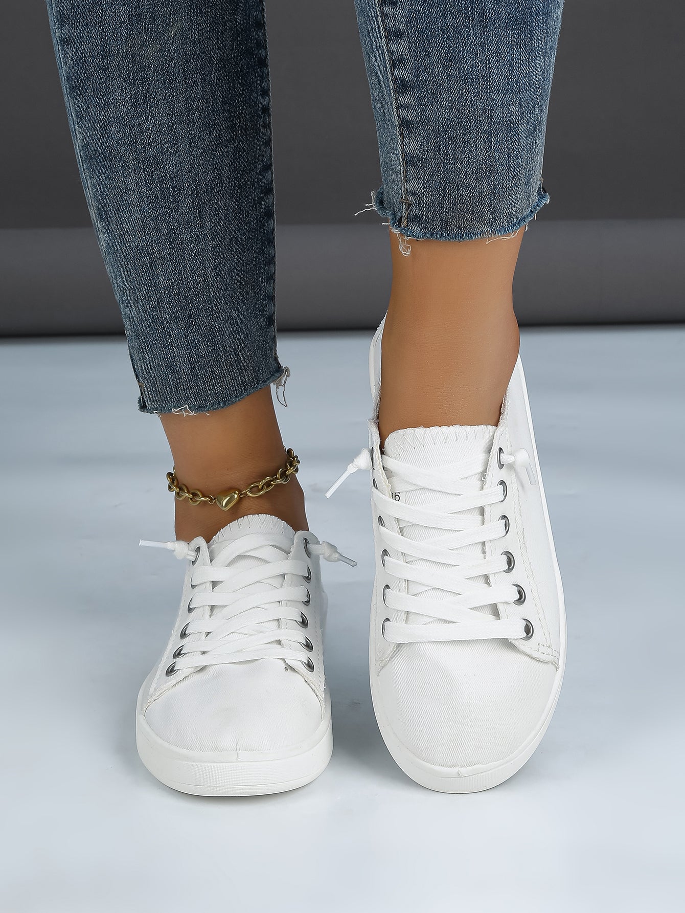Women's White Canvas Lace-Up Casual Sneakers