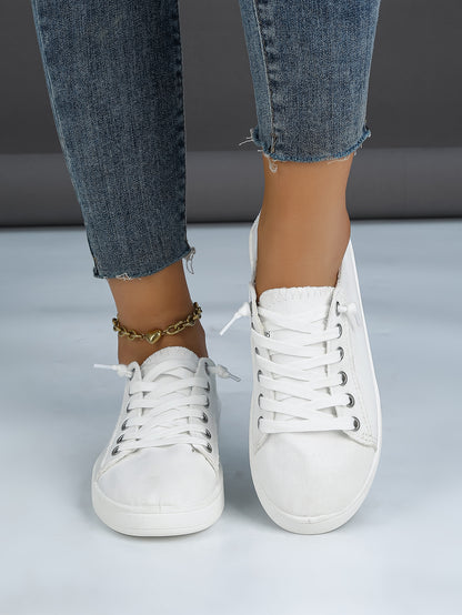 Women's White Canvas Lace-Up Casual Sneakers