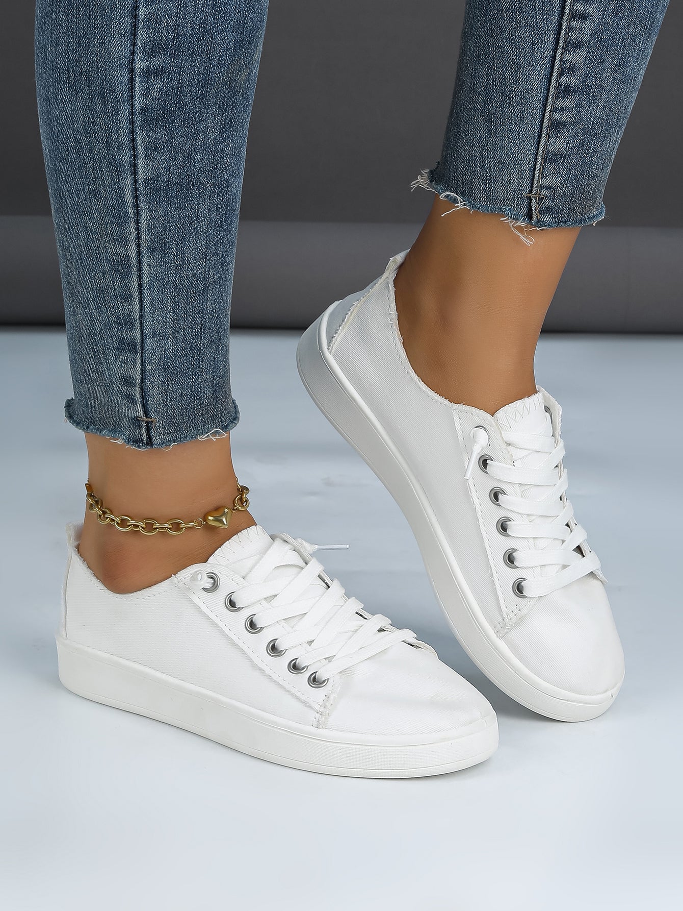 Women's White Canvas Lace-Up Casual Sneakers