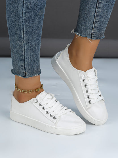 Women's White Canvas Lace-Up Casual Sneakers