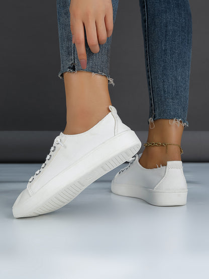 Women's White Canvas Lace-Up Casual Sneakers