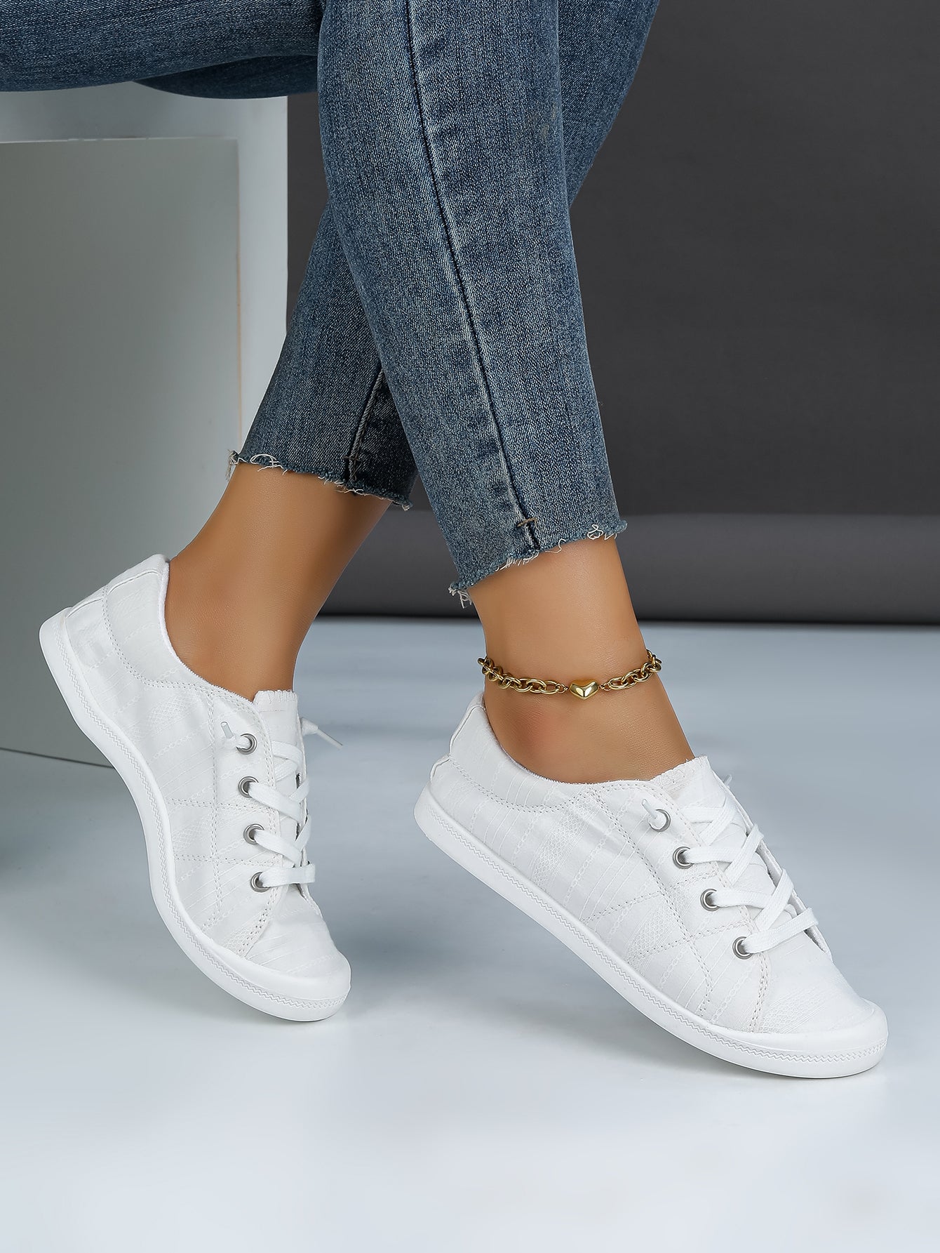 Women's White Low-Top Canvas Lace-Up Sneakers