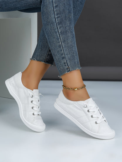 Women's White Low-Top Canvas Lace-Up Sneakers