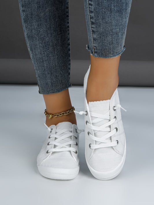 Women's White Low-Top Canvas Lace-Up Sneakers