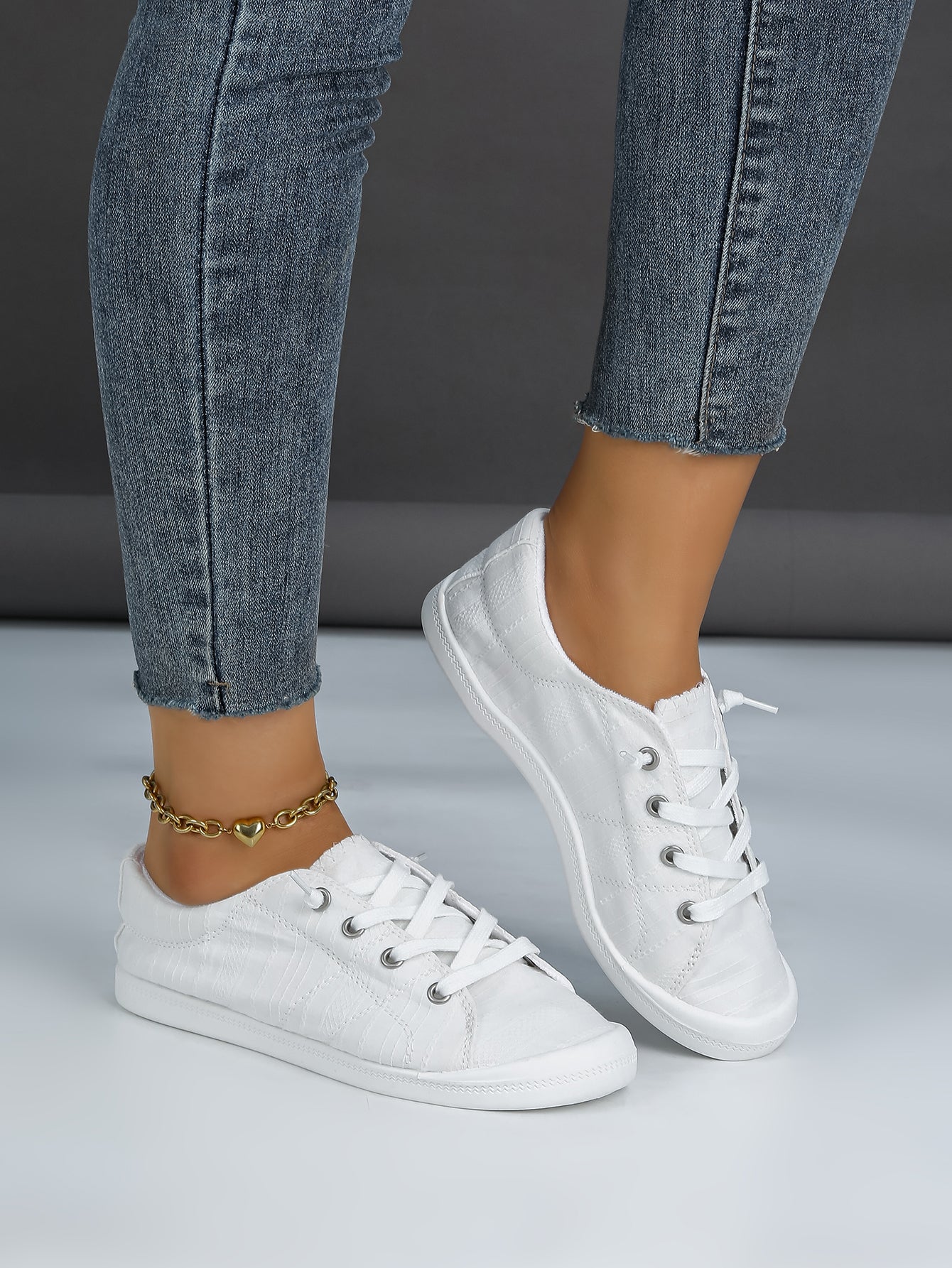 Women's White Low-Top Canvas Lace-Up Sneakers