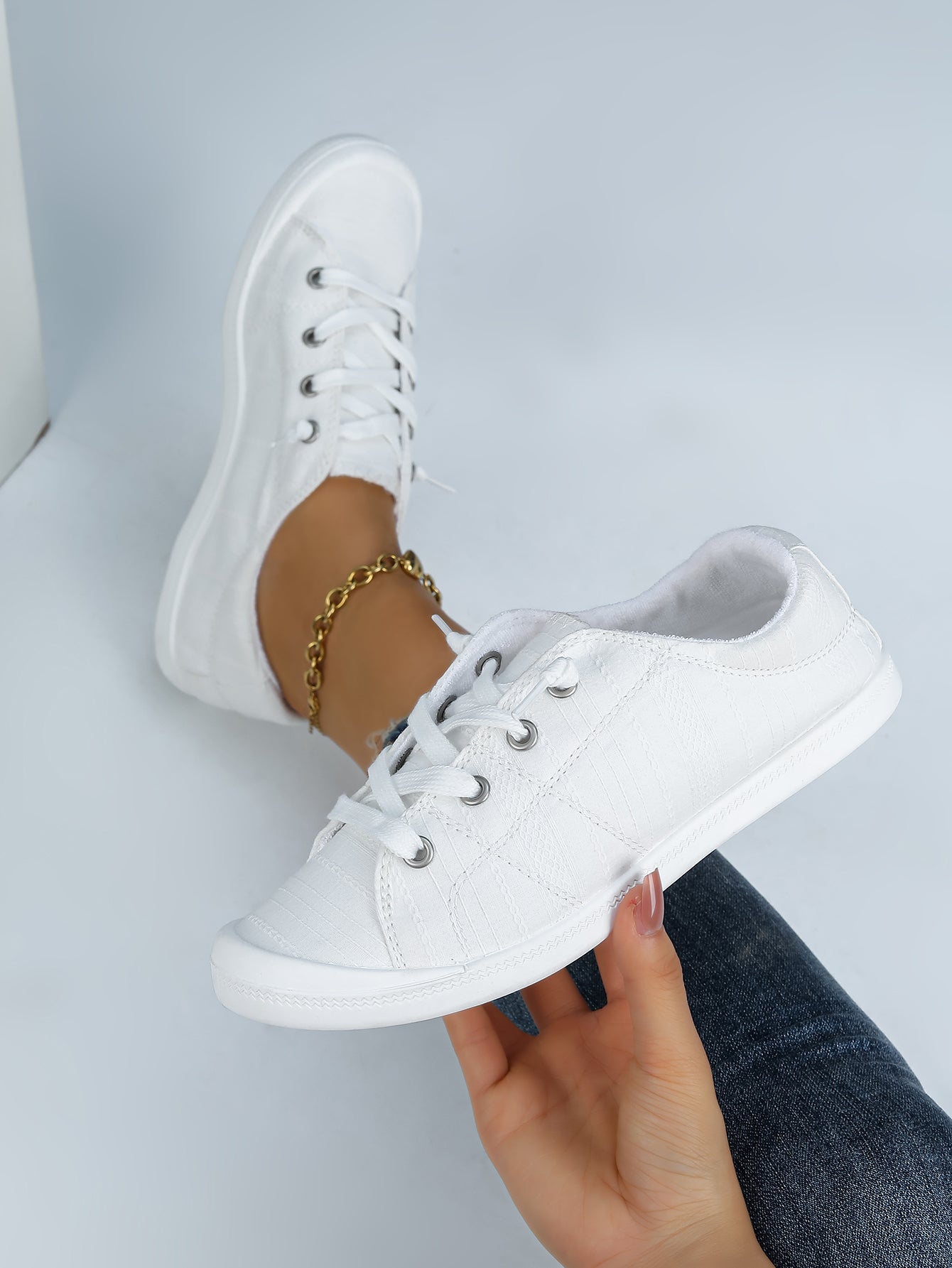 Women's White Low-Top Canvas Lace-Up Sneakers