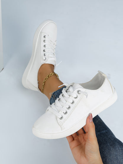 Women's White Canvas Lace-Up Casual Sneakers