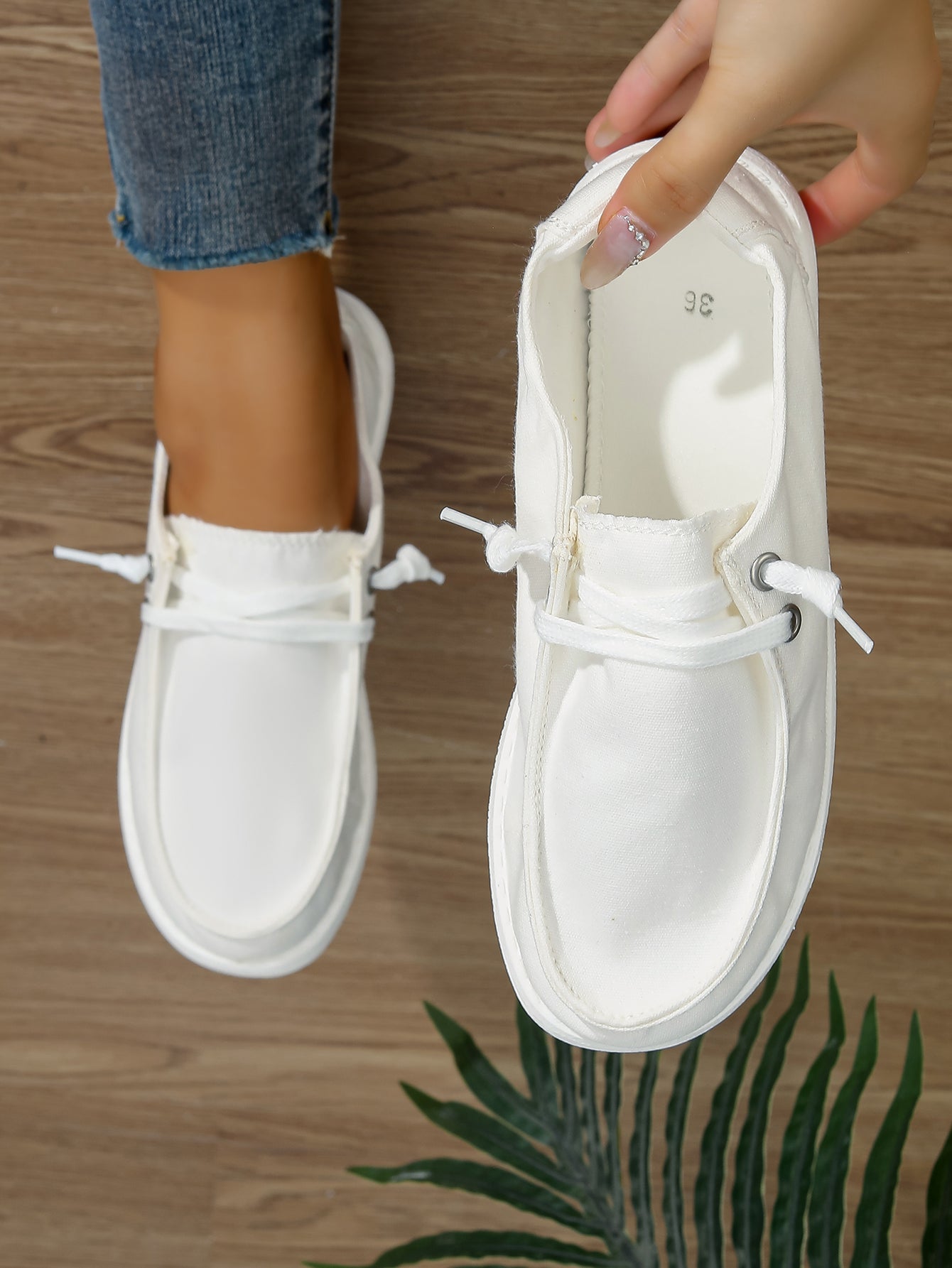 Women's White Canvas Lace-Up Loafer Sneakers