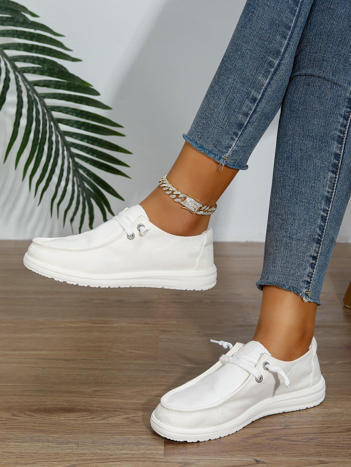 Women's White Canvas Lace-Up Loafer Sneakers