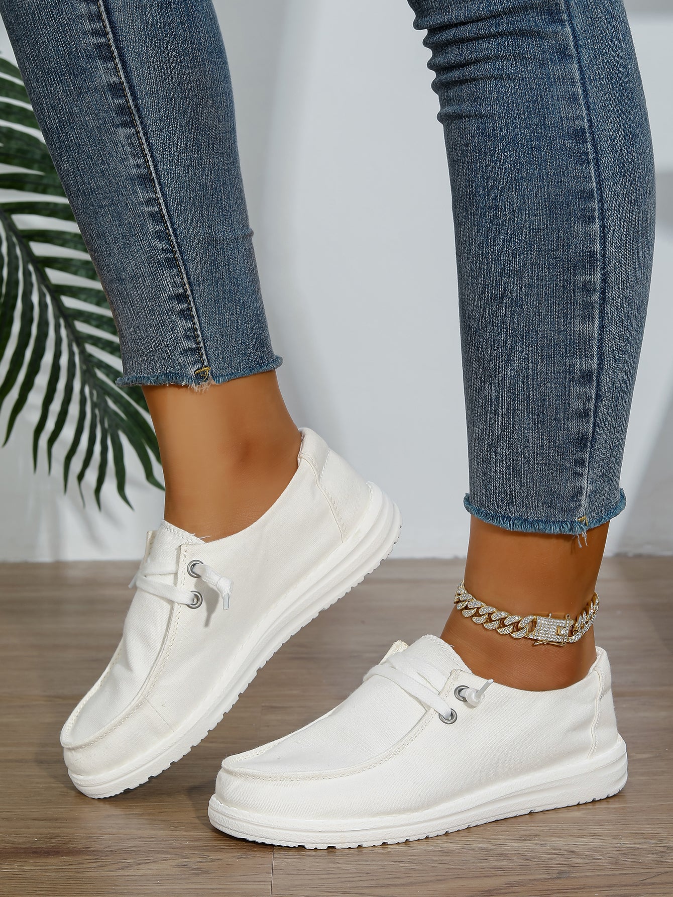 Women's White Canvas Lace-Up Loafer Sneakers