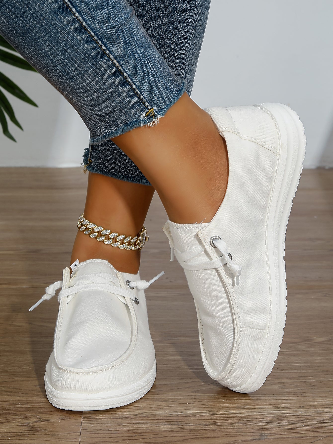 Women's White Canvas Lace-Up Loafer Sneakers