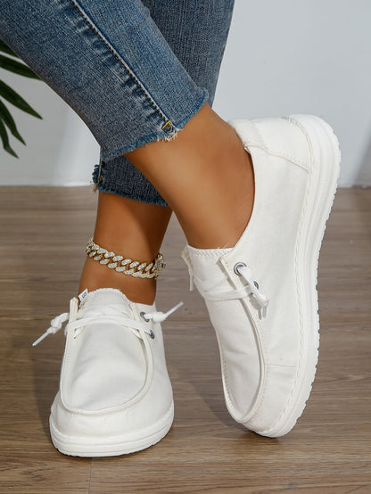 Women's White Canvas Lace-Up Loafer Sneakers
