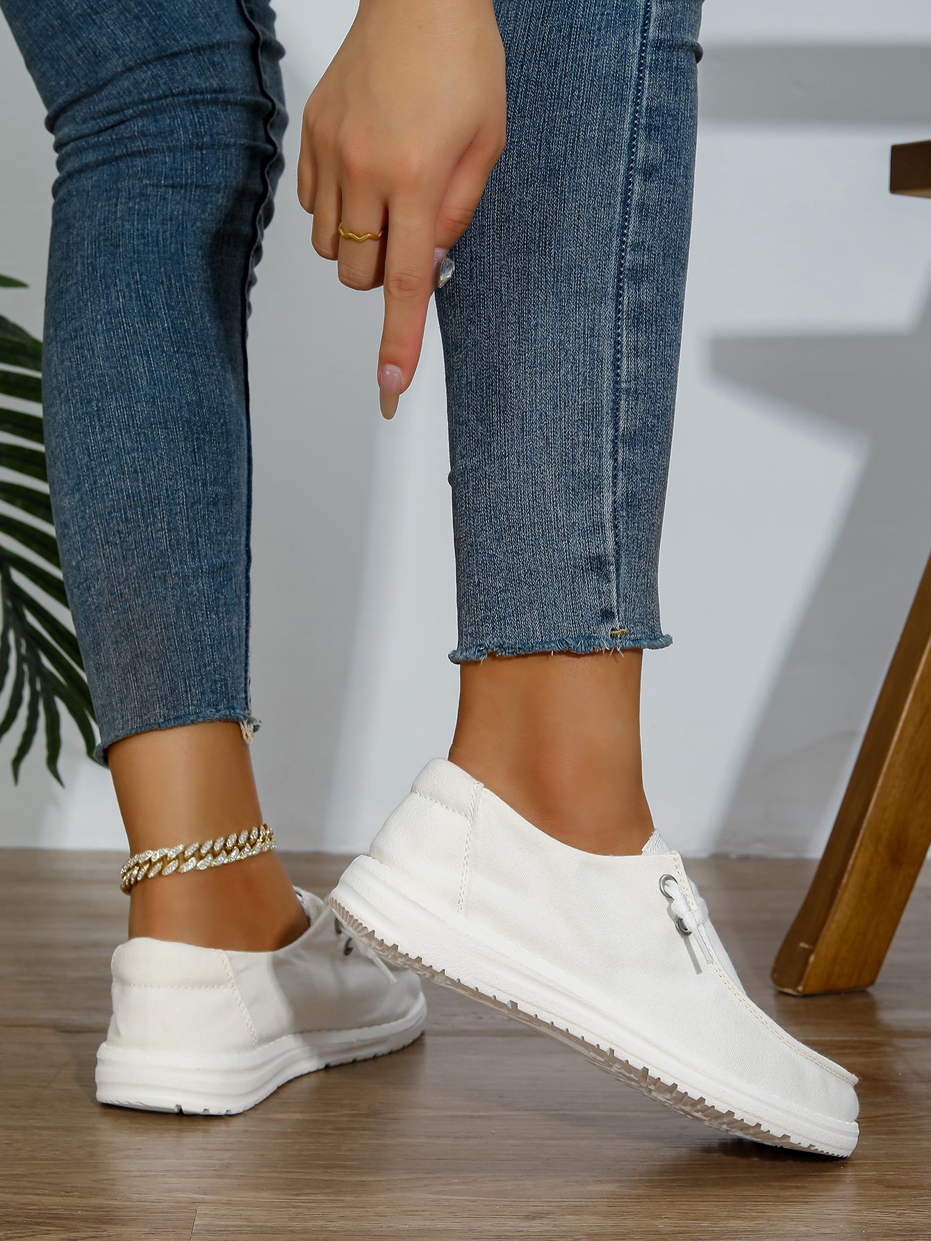 Women's White Canvas Lace-Up Loafer Sneakers