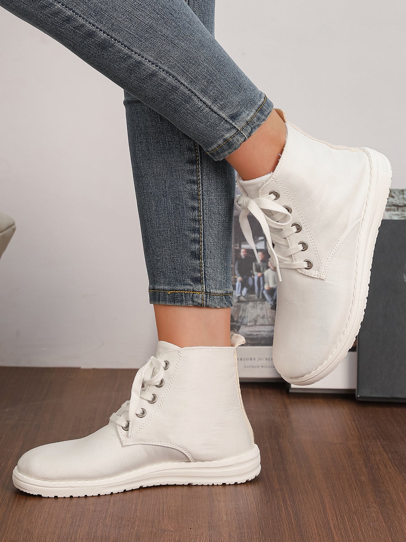 Women's White High-Top Lace-Up Canvas Sneakers