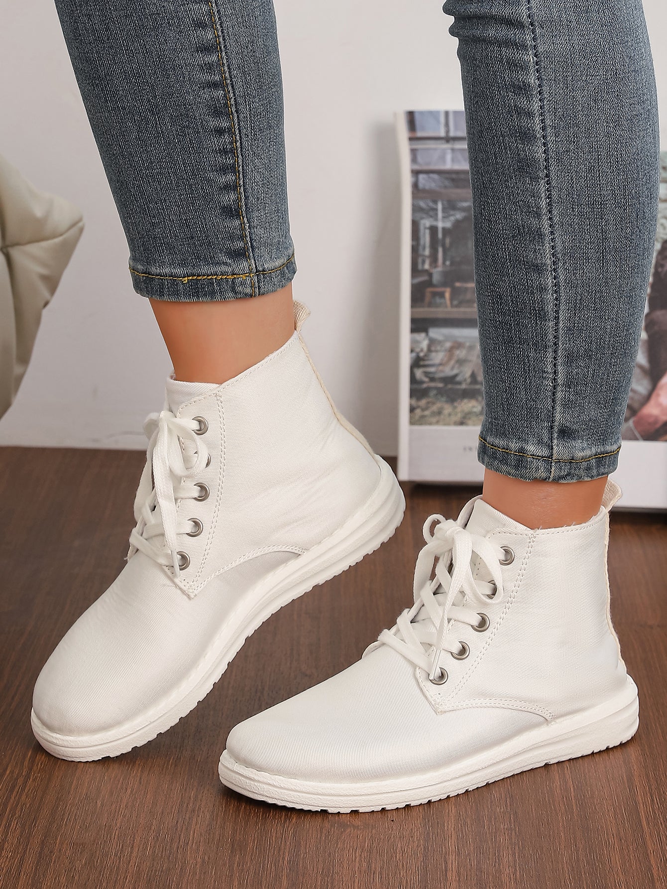 Women's White High-Top Lace-Up Canvas Sneakers