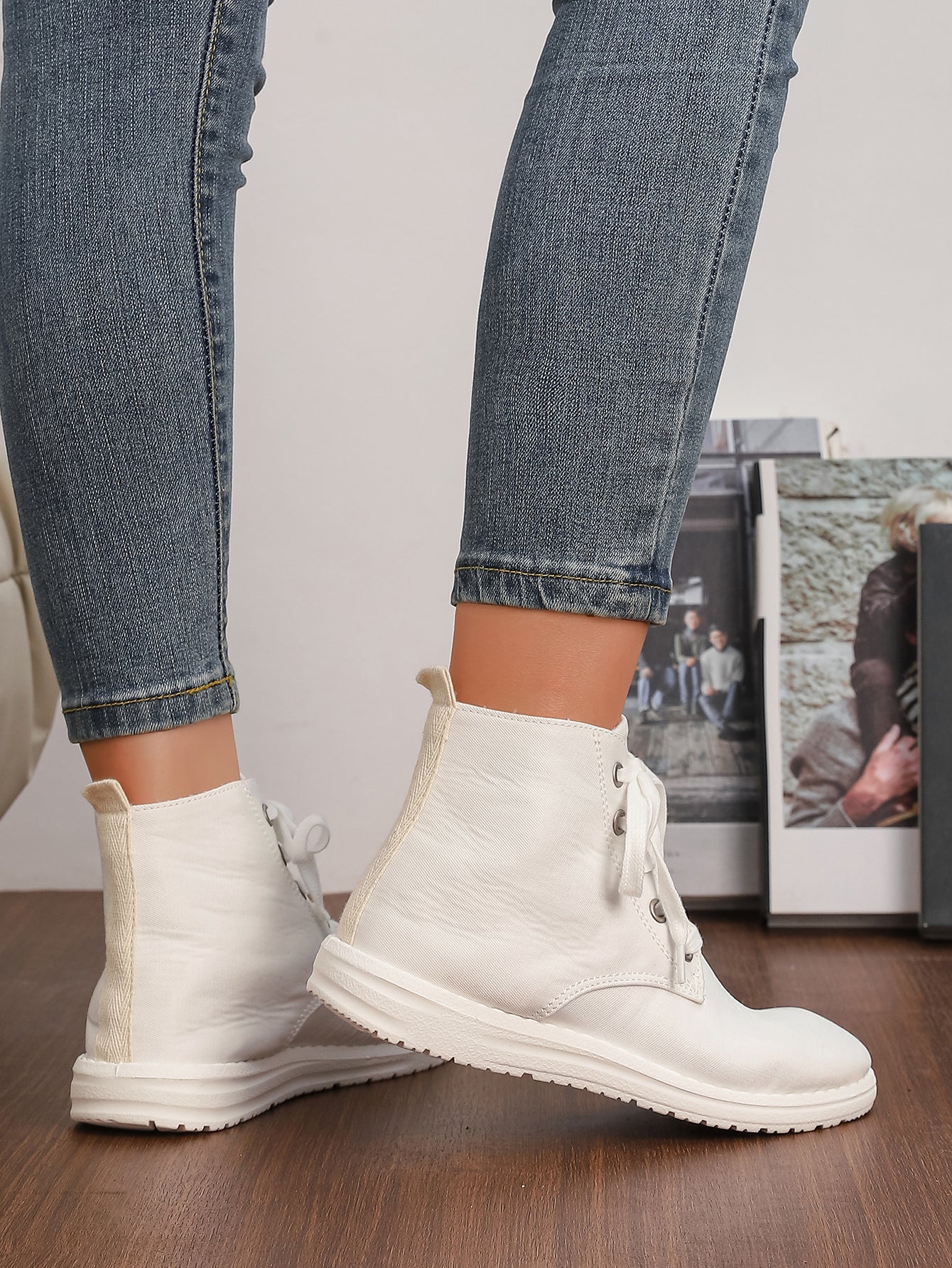 Women's White High-Top Lace-Up Canvas Sneakers