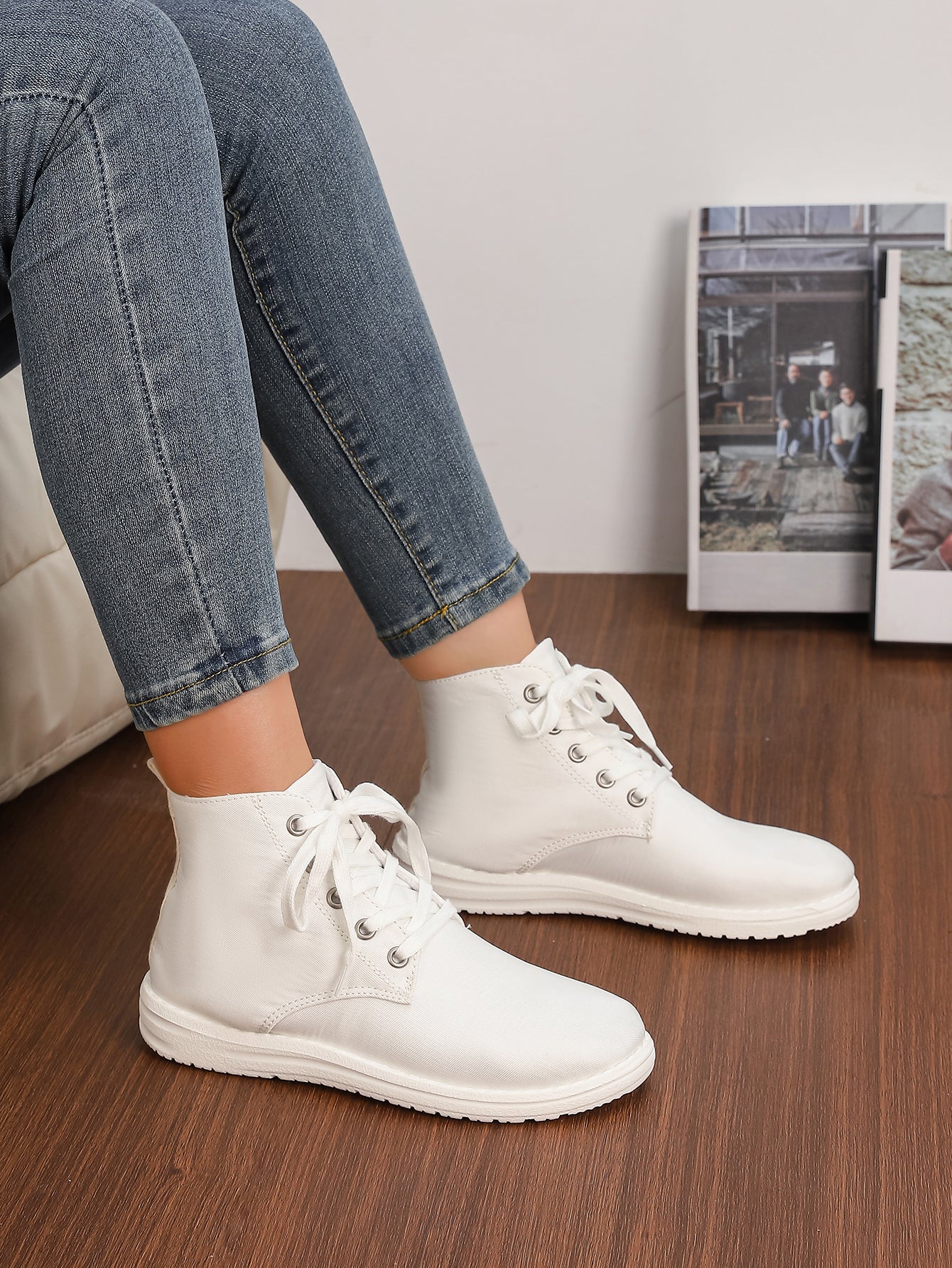 Women's White High-Top Lace-Up Canvas Sneakers