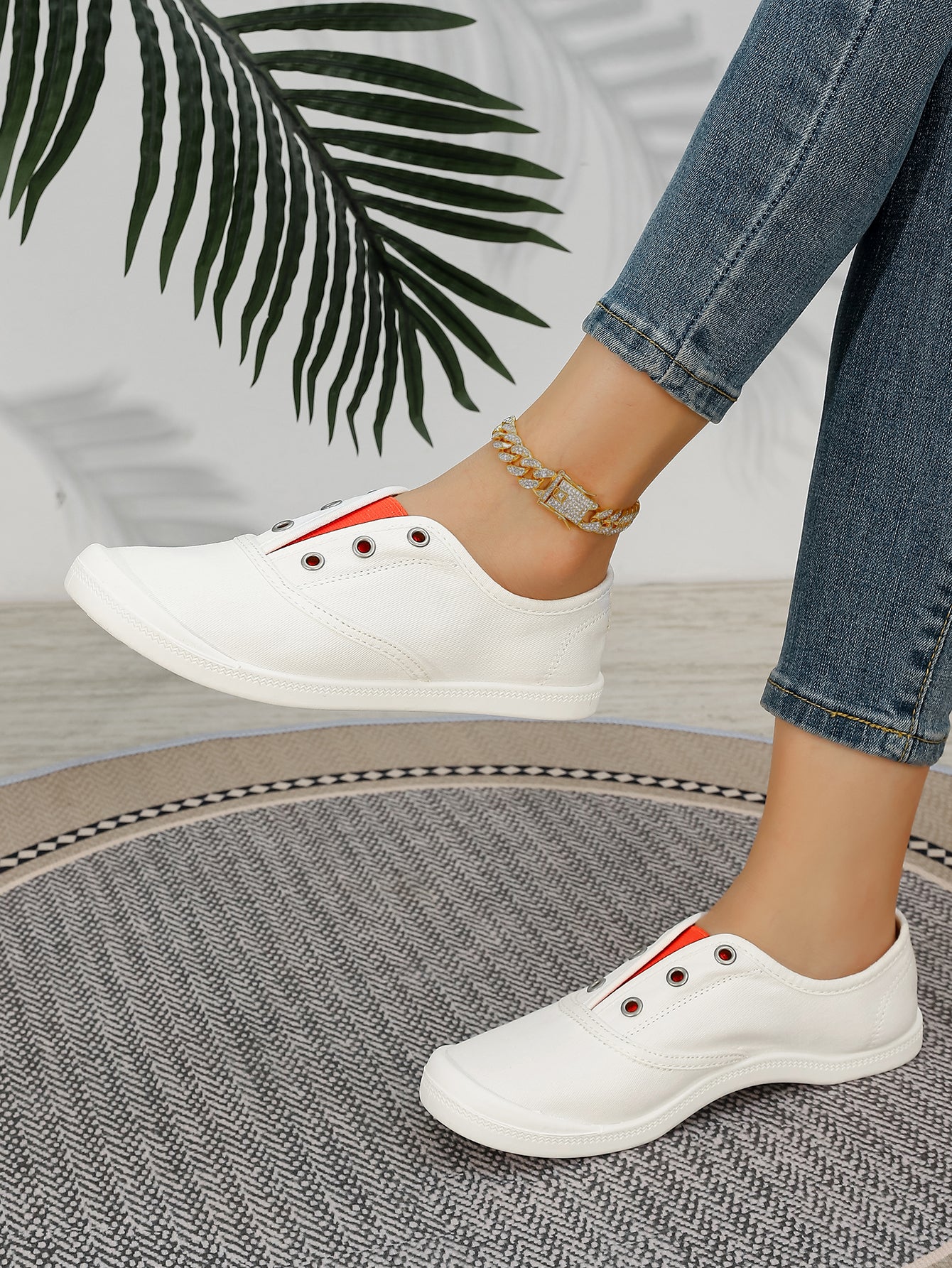 Women's White & Red Color Block Slip-On Canvas Sneakers