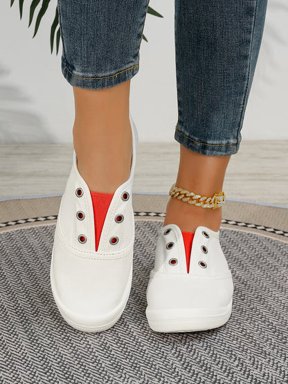 Women's White & Red Color Block Slip-On Canvas Sneakers