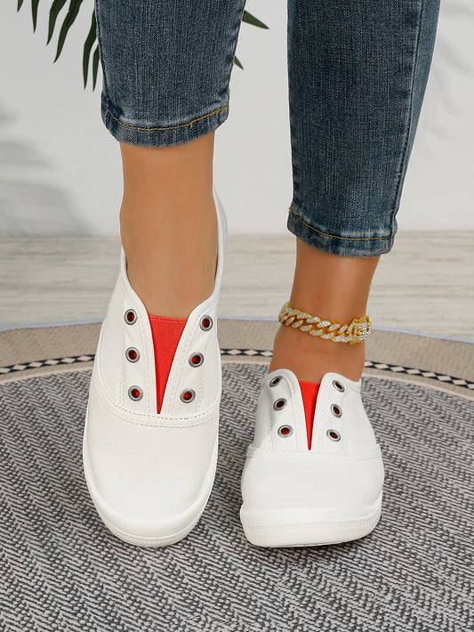 Women's White & Red Color Block Slip-On Canvas Sneakers