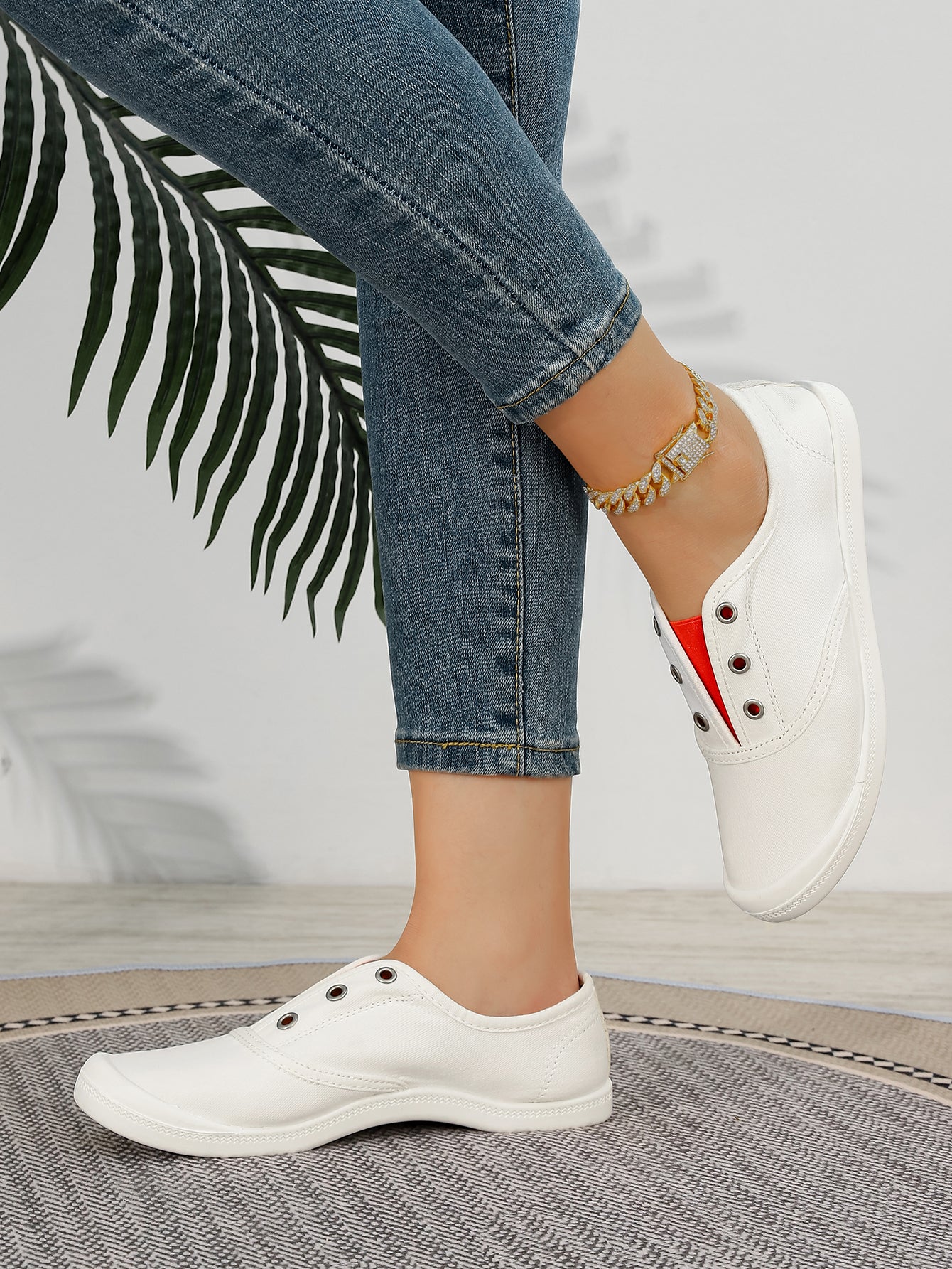 Women's White & Red Color Block Slip-On Canvas Sneakers