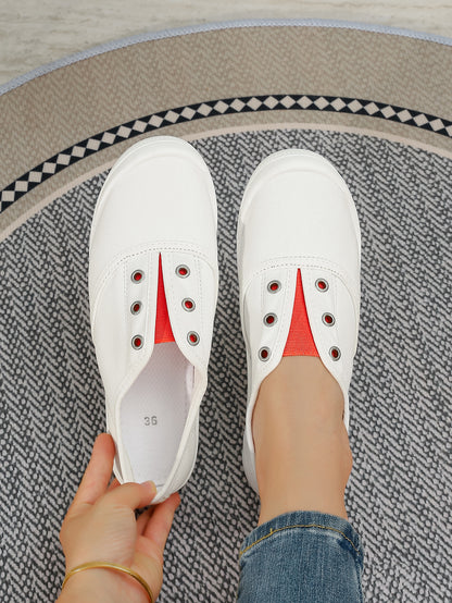 Women's White & Red Color Block Slip-On Canvas Sneakers