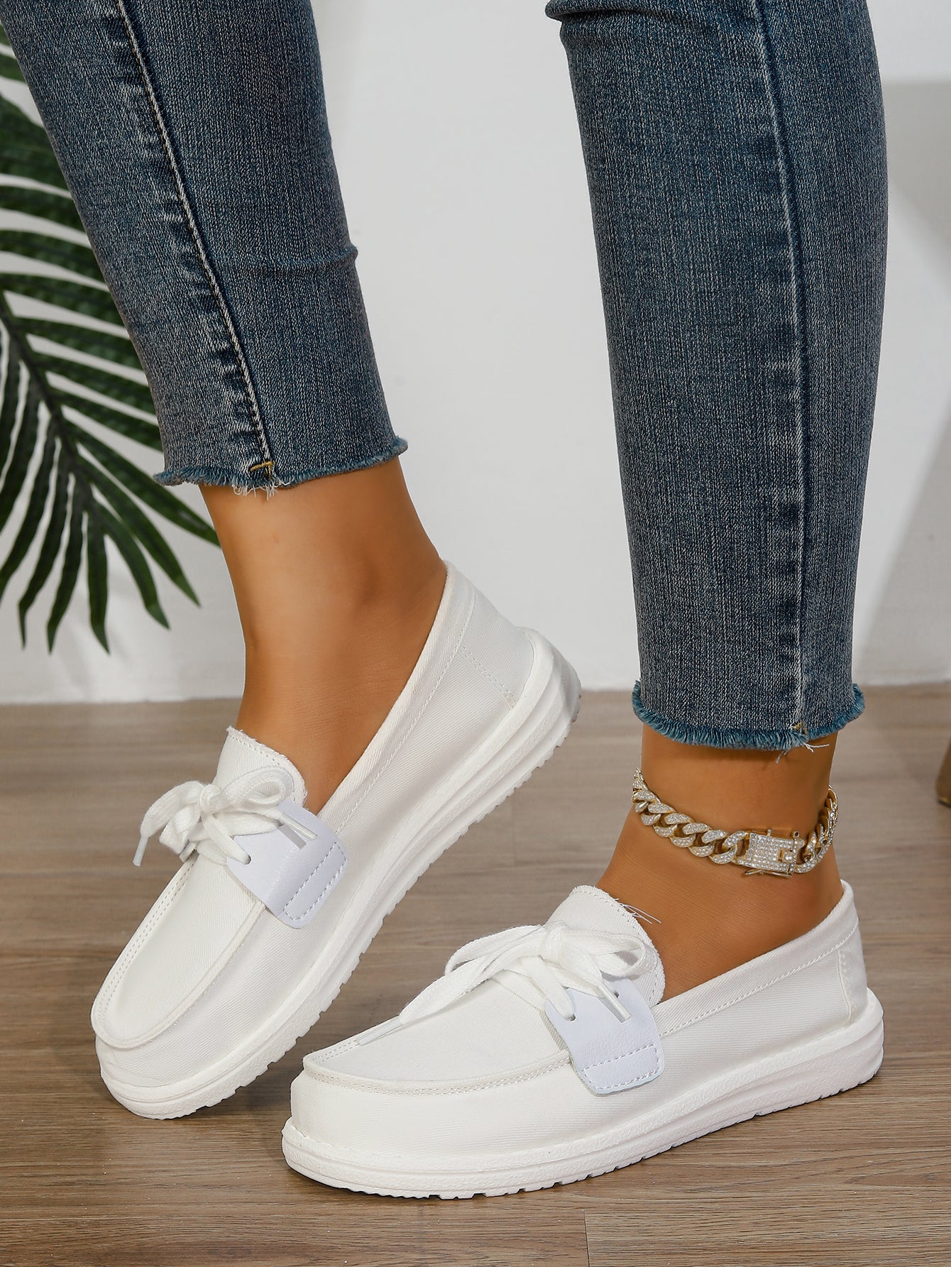Women's White Canvas Bow-Tie Slip-On Loafer Flats