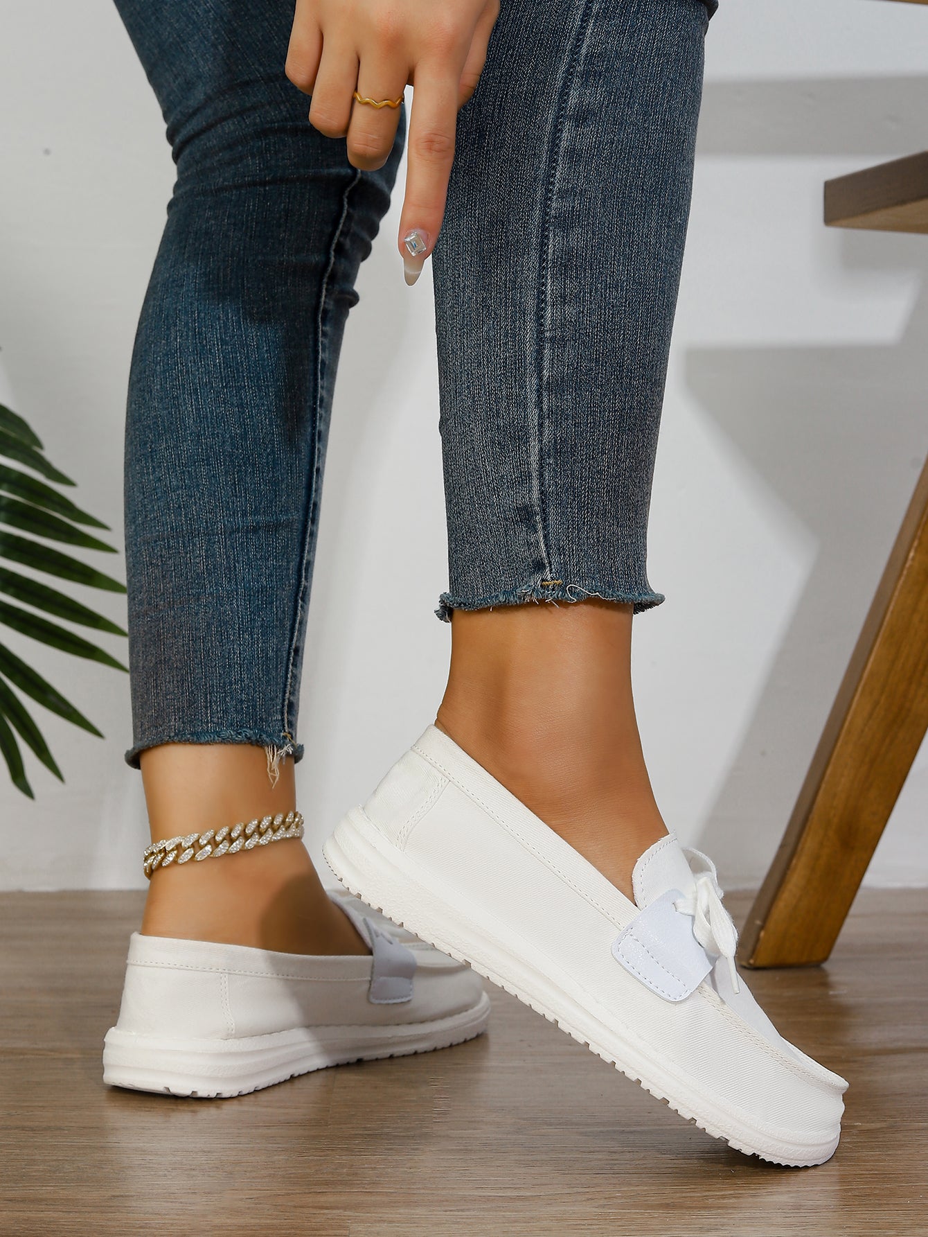 Women's White Canvas Bow-Tie Slip-On Loafer Flats