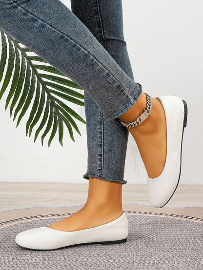 Women's White Slip-On Round Toe Ballet Flats