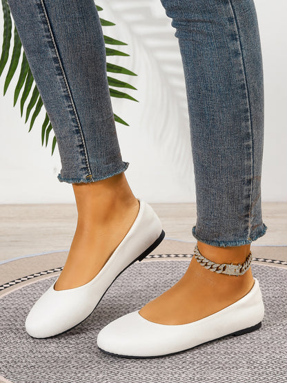 Women's White Slip-On Round Toe Ballet Flats